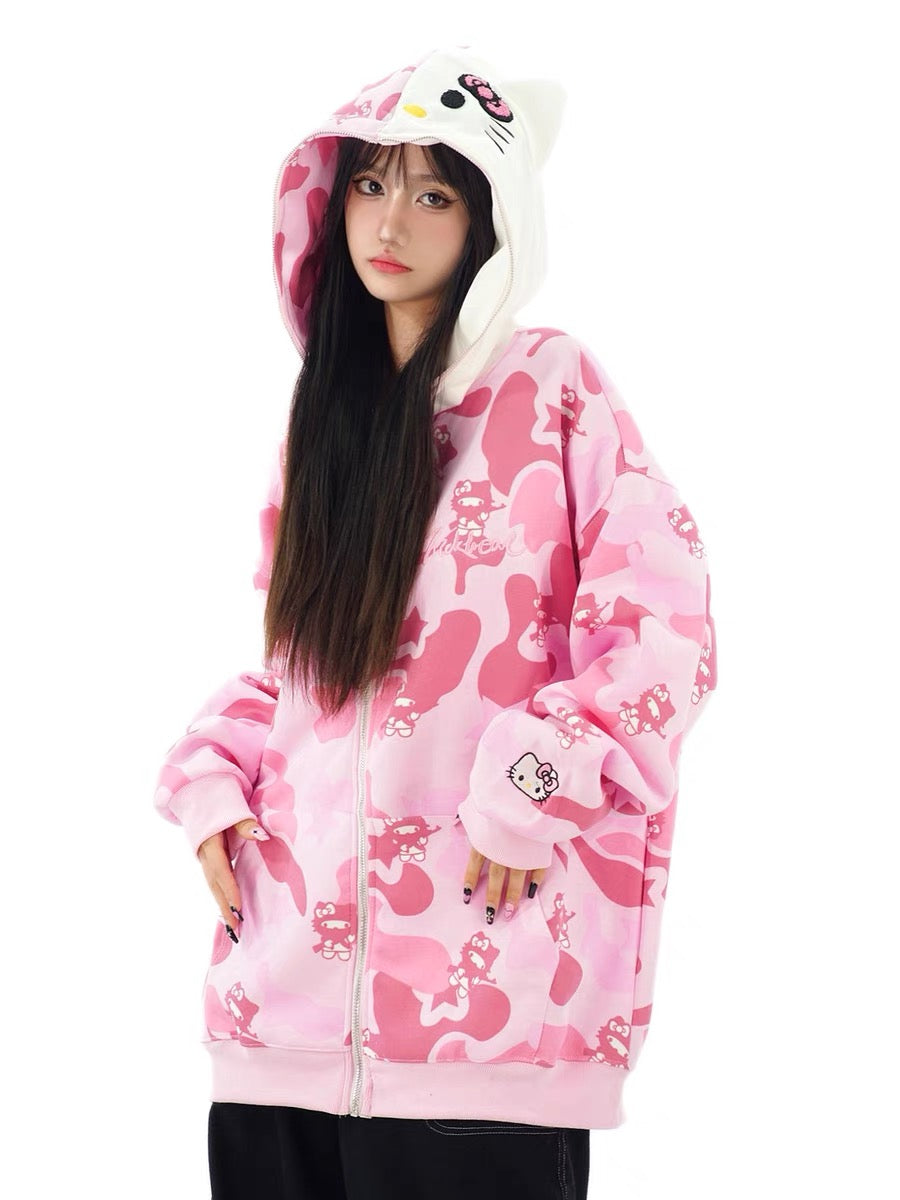Hellokitty Camouflage Drawstring Zip Up Oversized Hoodies Jacket