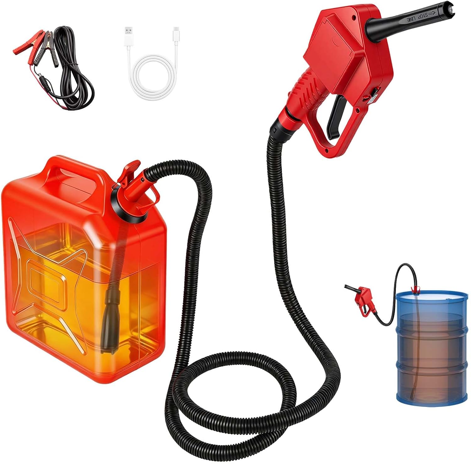 Portable Fuel Transfer Pump, Integrated Auto‑Stop & Hand Nozzle, 80'' Pump Lift, 3.8GPM,Slidable Clamp for Various Size and depth Gas Cans, Multi‑Power Supply, Works for Gasoline, Diesel, Kerosene