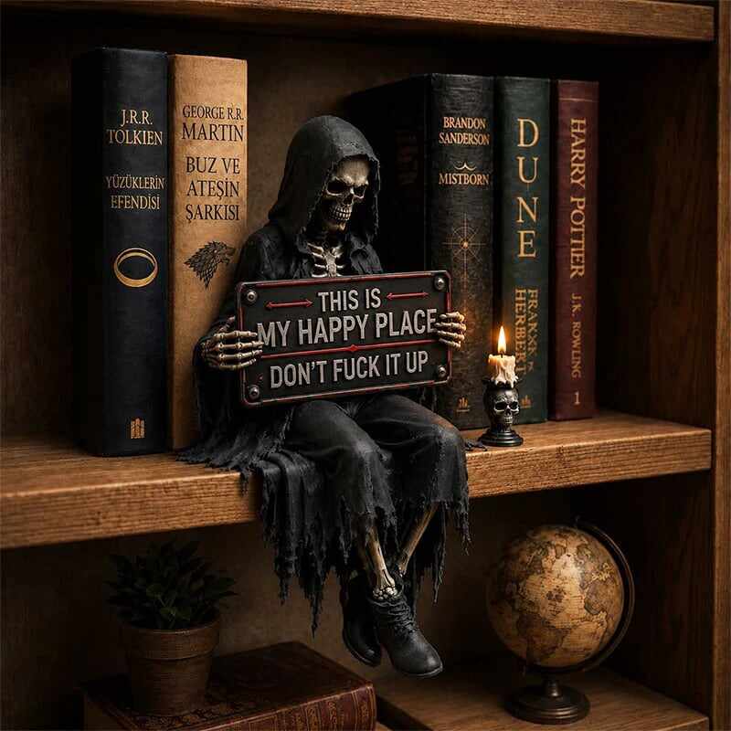🔥LAST DAY 50% OFF - 💀“This Is My Happy Place” Skeleton Bookshelf Decor