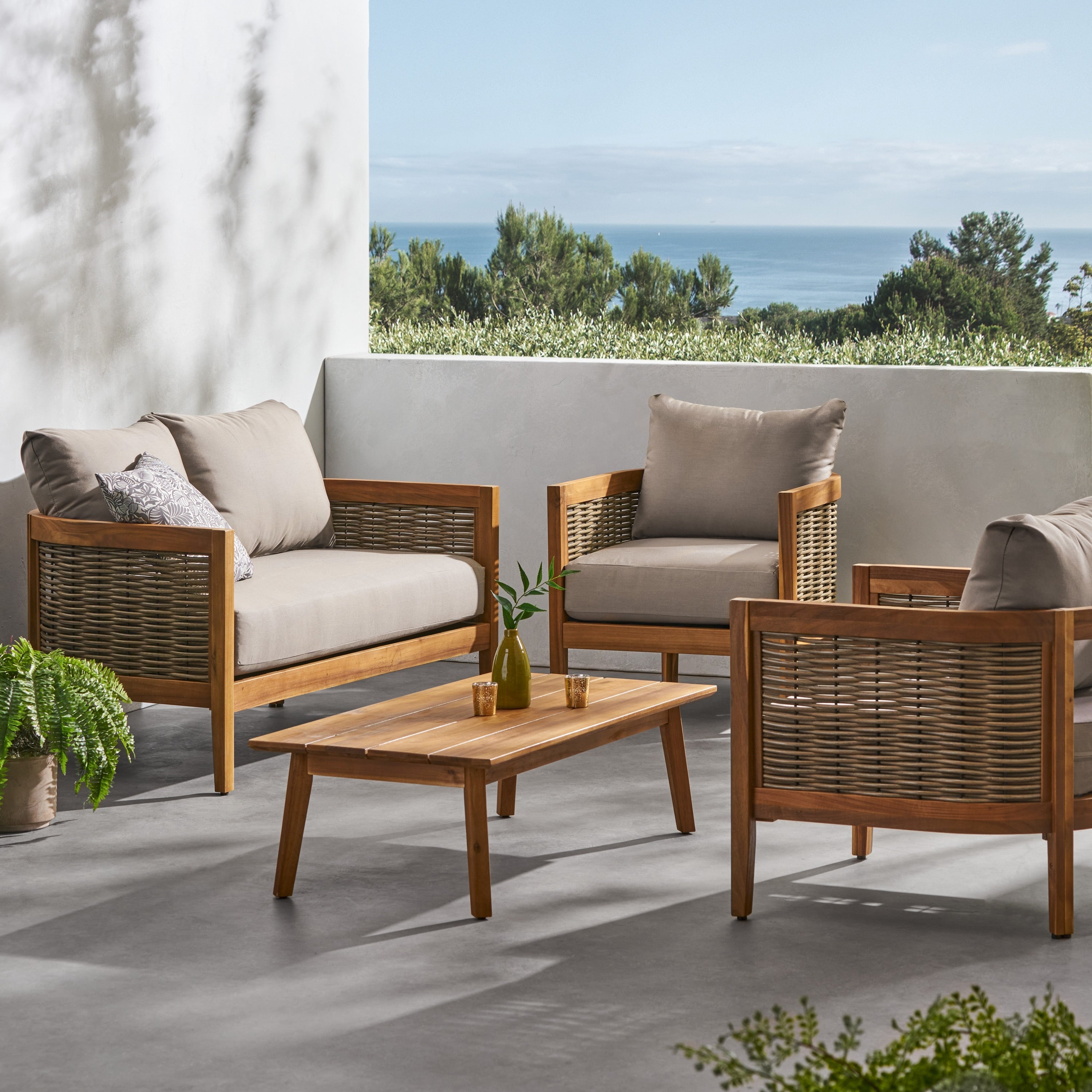 Burchett Outdoor Acacia Wood and Wicker 4 Seater Chat Set with Optional Sunbrella Cushions by Christopher Knight Home