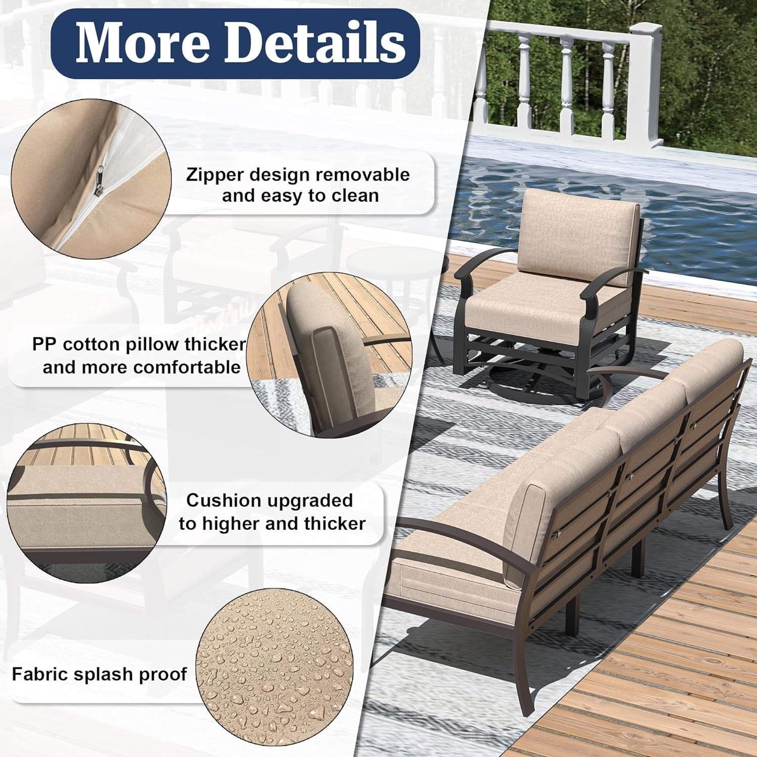 Kullavik Aluminum Outdoor Patio Furniture with Curved Armrests & Firepit Table