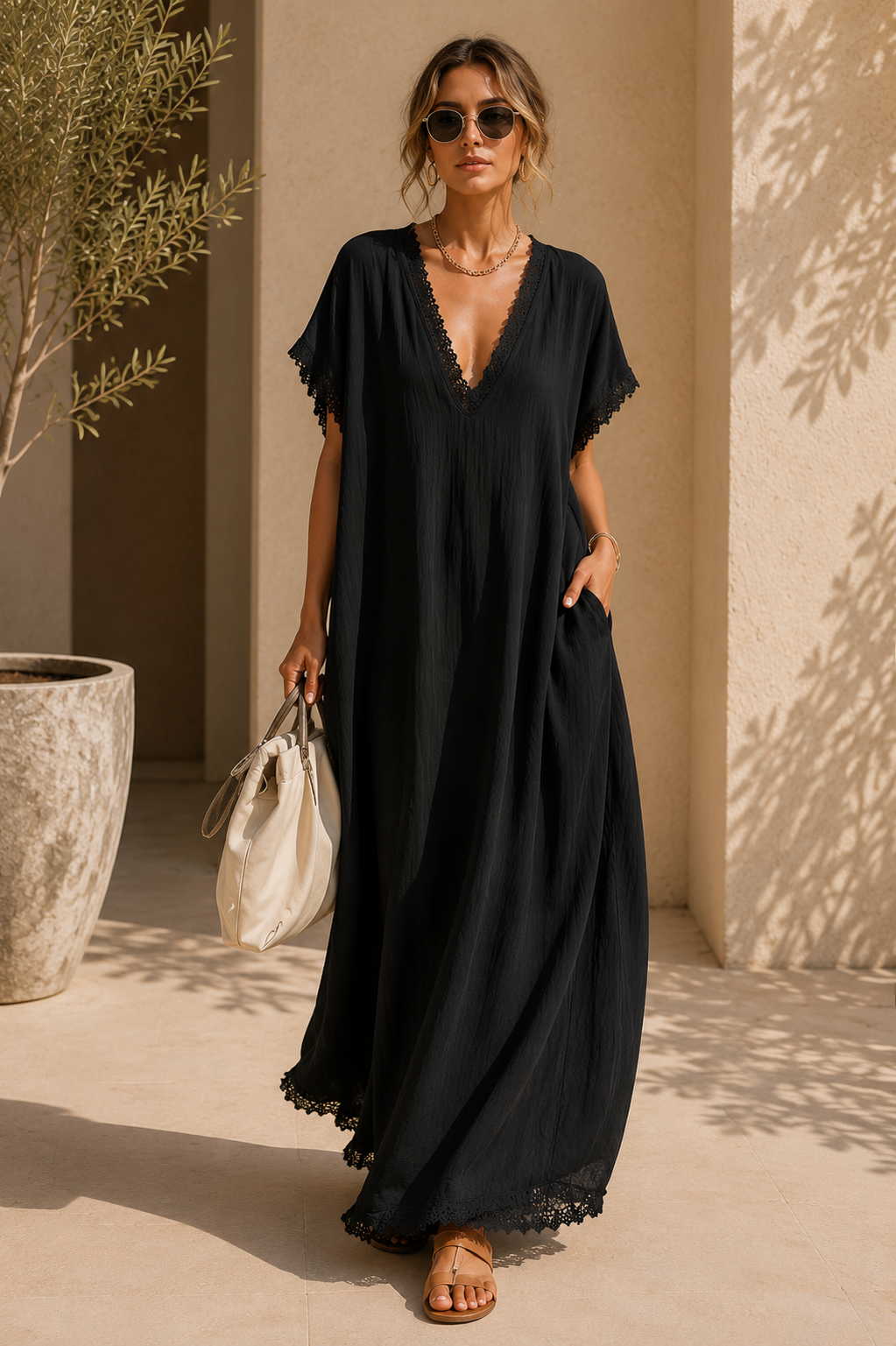 Casual Bohemian Urban V-neck Short-sleeved Lace Trim White Cotton Maxi Dress