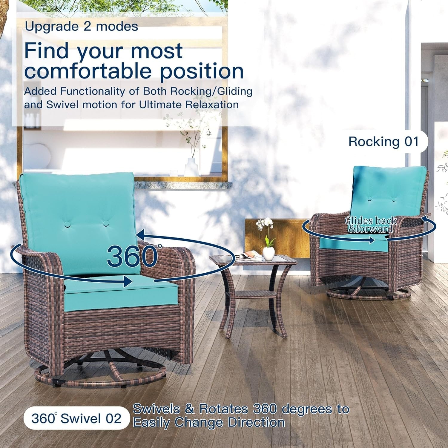Patio Furniture Sectional Sofa Set, PE Rattan Swivel Rocking Chairs Patio Conversation Set