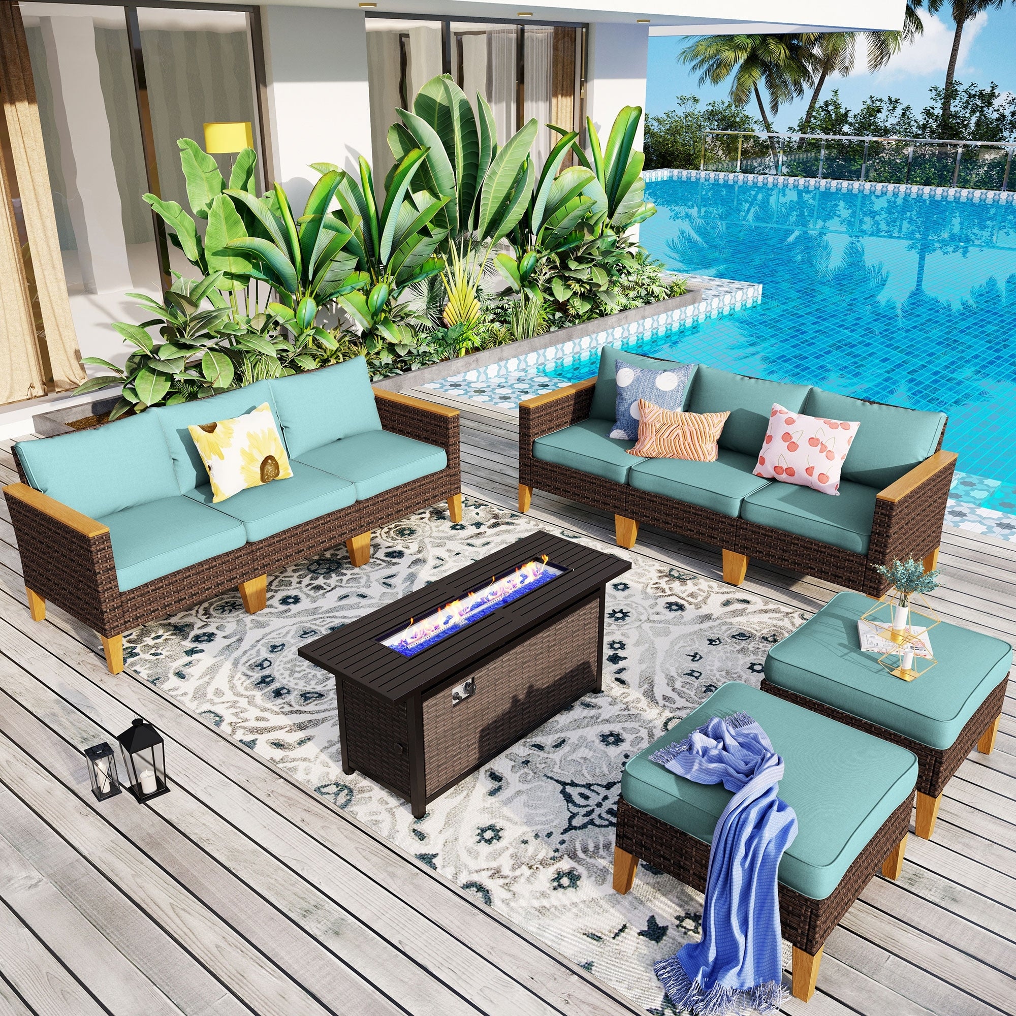 8-Piece Patio Outdoor Wicker Sectional Sofa Set, Large Seating Furniture Conversation Sets with Fire Pit Table