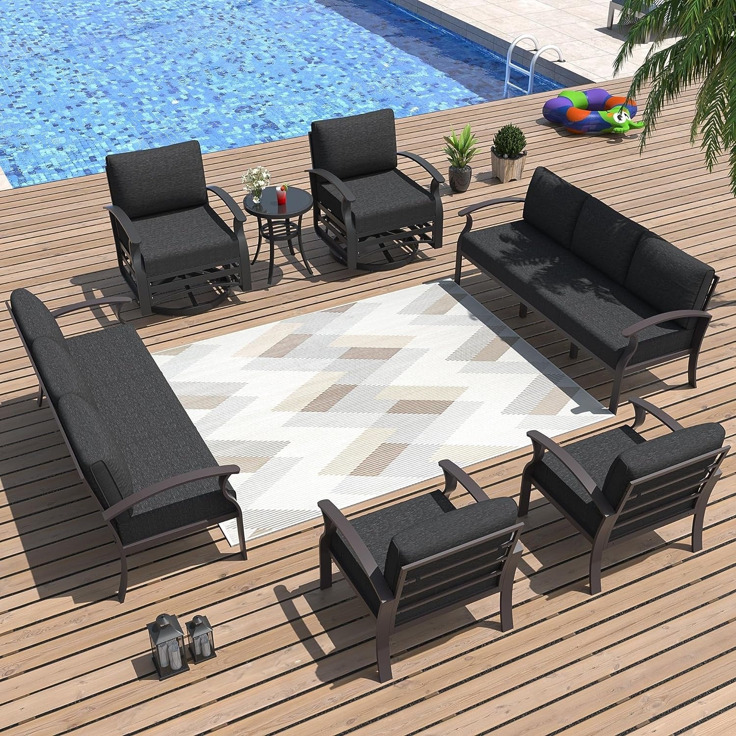 Kullavik Aluminum Outdoor Patio Furniture with Curved Armrests & Firepit Table