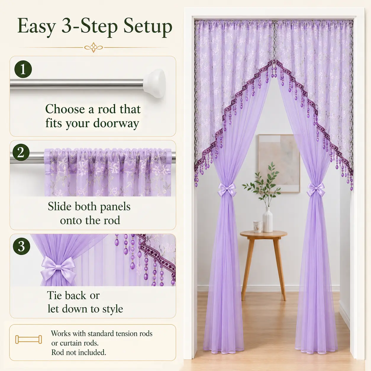 Sheer Floral Door Curtain with Tassel Trim