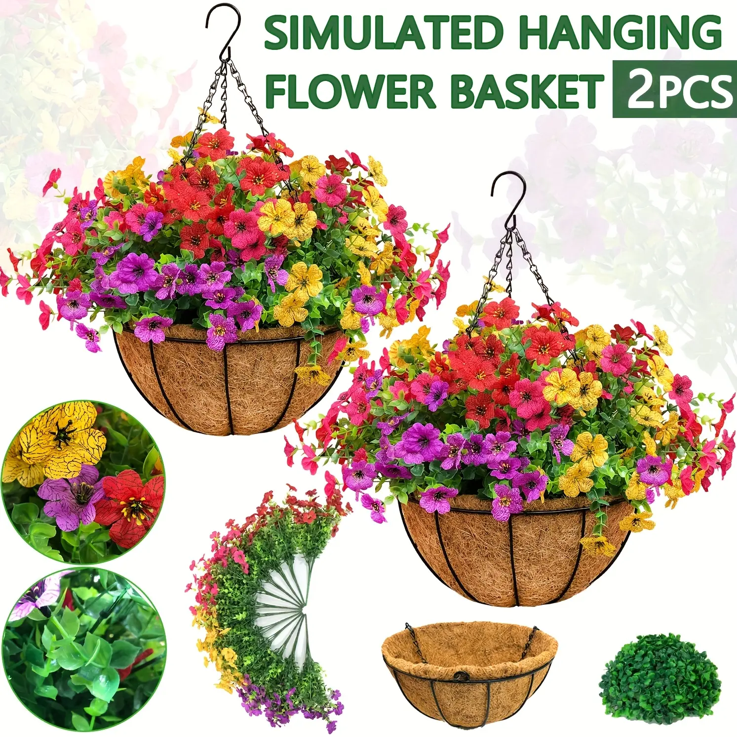 2 Pcs Set UV-Safe Outdoor Decorative Hanging Flower Baskets, 24 Daisies + Eucalyptus Realistic Flowers for House Decor, Balcony Garden Use