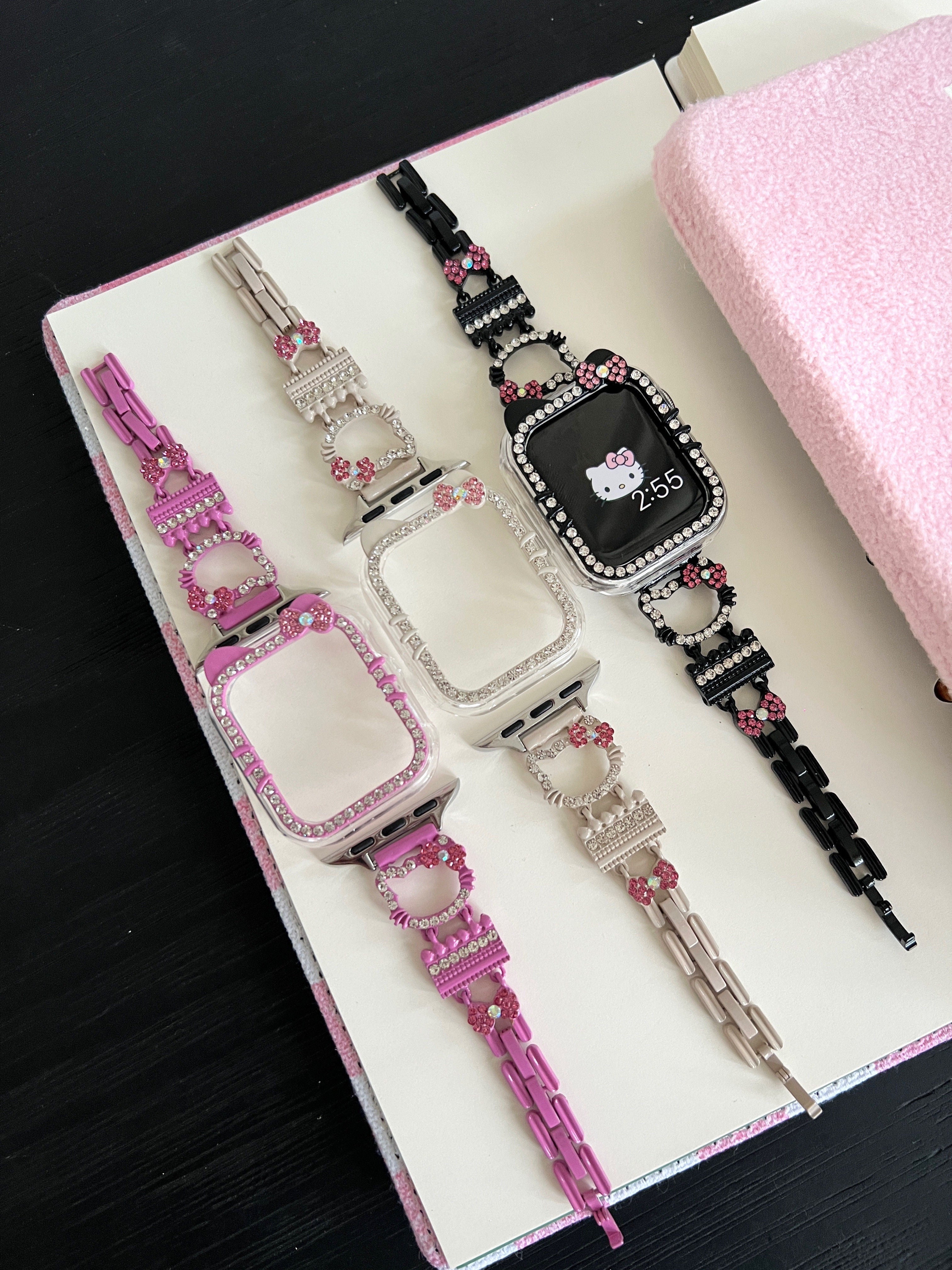 Hellokitty Apple Watch Band Bling Diamond Strap Bands with Screen Protector Case