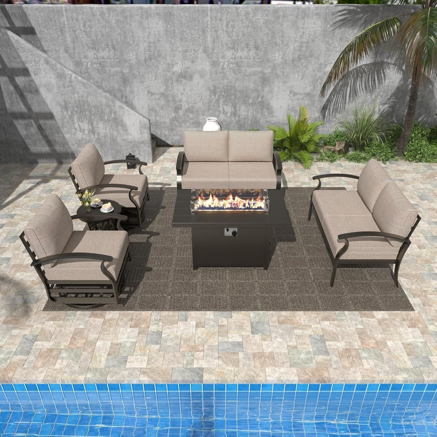 Kullavik Aluminum Outdoor Patio Furniture with Curved Armrests & Firepit Table