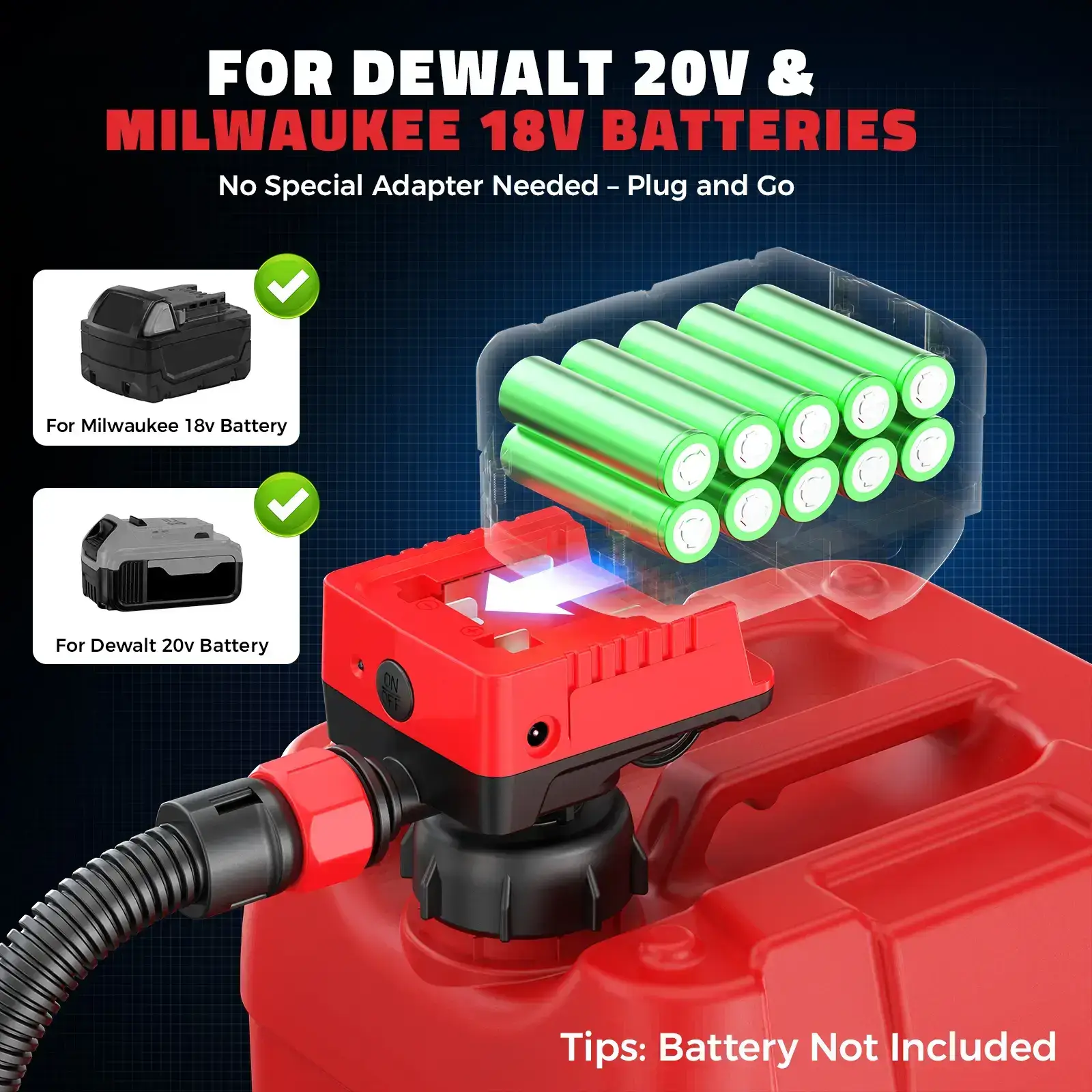 5 GPM Cordless Fuel Transfer Pump, Portable Drum Pump with 51-Inch Hose and 5 Adapters, Suitable for Diesel and Gasoline