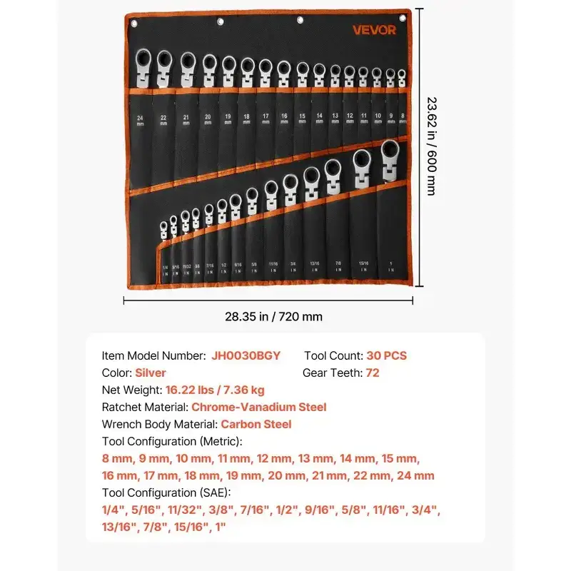 12-Piece Multifunctional Flex-Head Ratcheting Wrench SetMetric 8 mm-19 mm72 Teeth Cr-V Steel Flexible Combination Wrench SetCar & Automotive Tools with Roll Up Pouchfor Household & Automotive RepairsMultifunctional Wrench Set