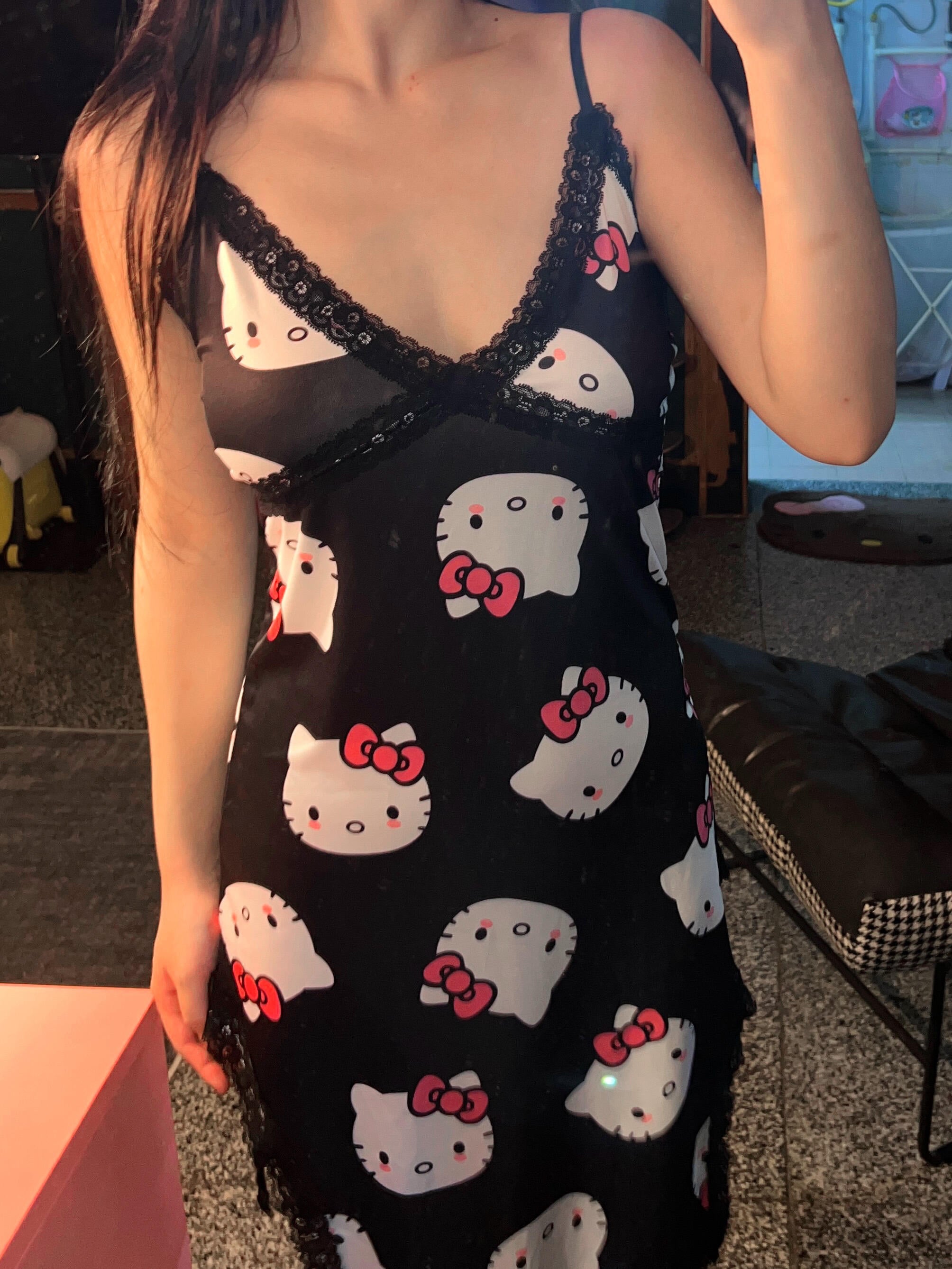 Hellokitty Night Gown V-Neck Full Slip Lingerie Sexy Nightgowns