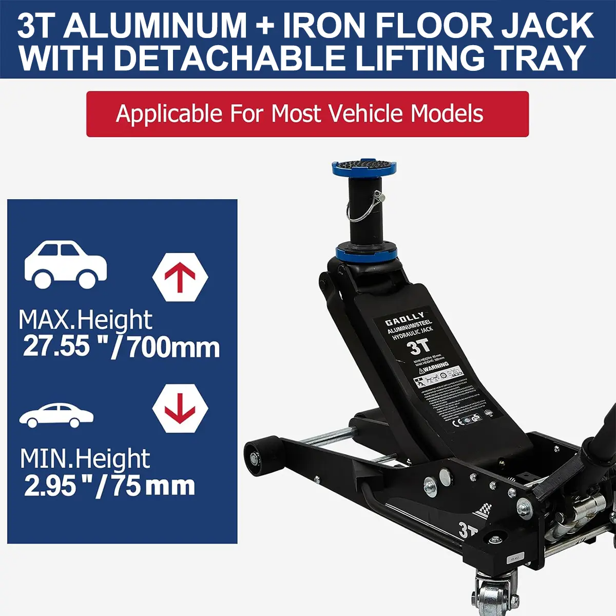 3 Ton Low Profile, Heavy-Duty Steel Racing Floor Jack with Dual Pistons Quick Lift Pump, with Lug Wrench Lifting Range 3.35