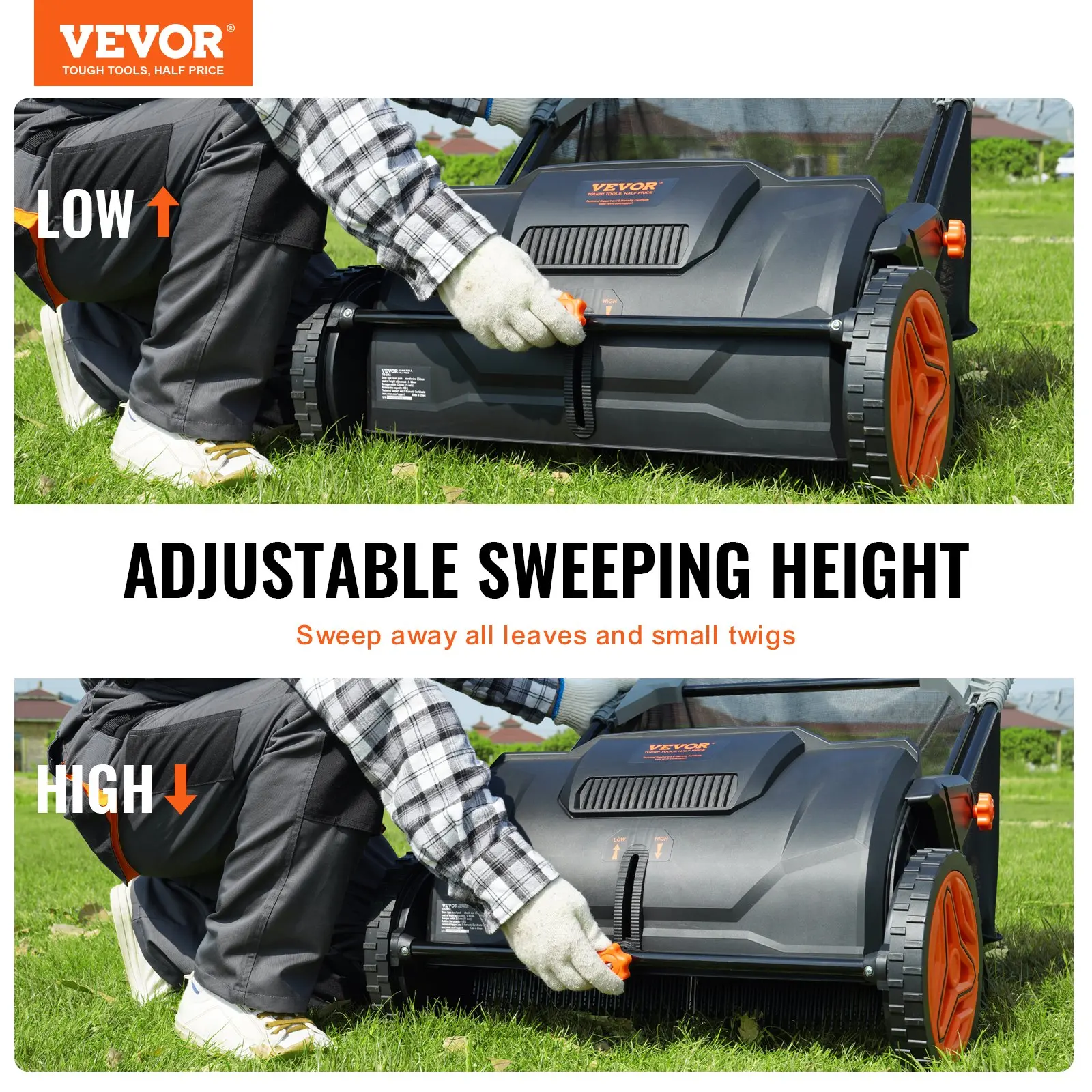21‑Inch Push Lawn Sweeper Leaf & Grass Collector Tool, 3.5 cu.ft Mesh Hopper Bag, 2 Spinning Brushes, Adjustable Handle for Leaf Cleanup, Wall‑Hangable