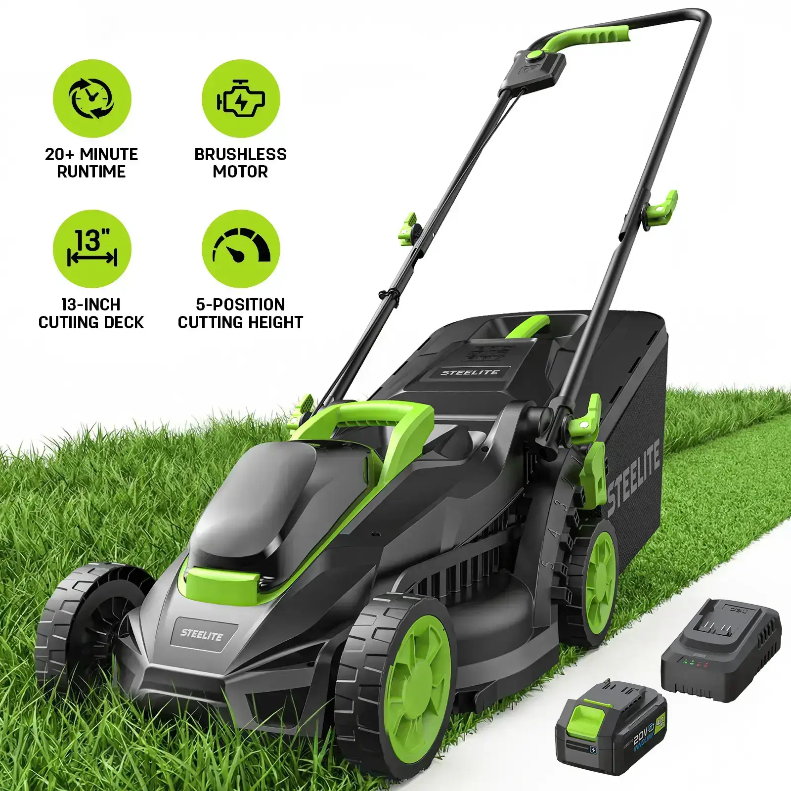 13 Inch Brushless Cordless Lawn Mower - 20V Electric Push Mower with 4.0Ah Battery and Charger Included, 5-Position Height Adjustable, 3-in-1 Mulching & Bagging, Easy Assembly for Small Urban Lawn and Garden