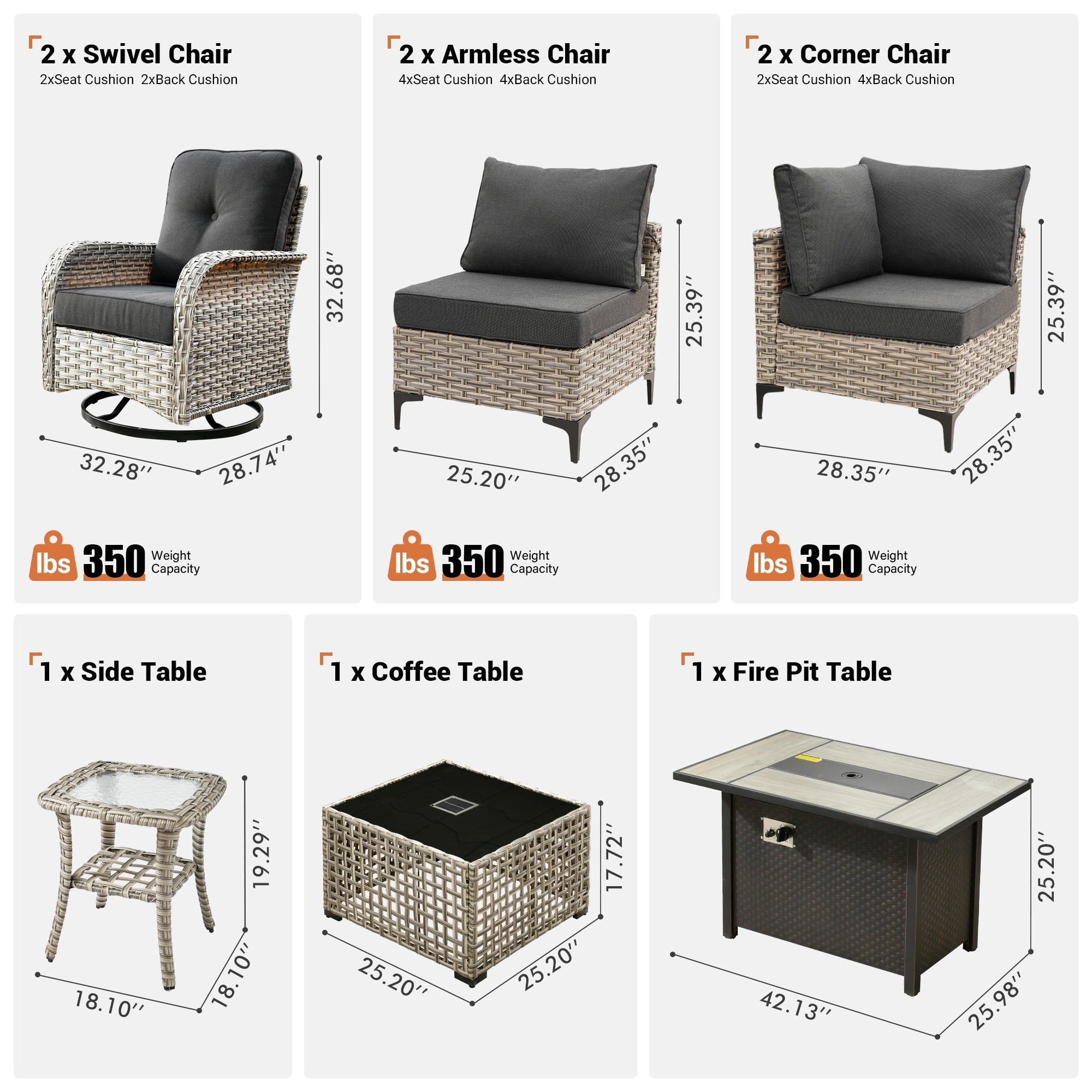 OVIOS 9 Pieces Outdoor Wicker Swivel Chair Set With Fire Table