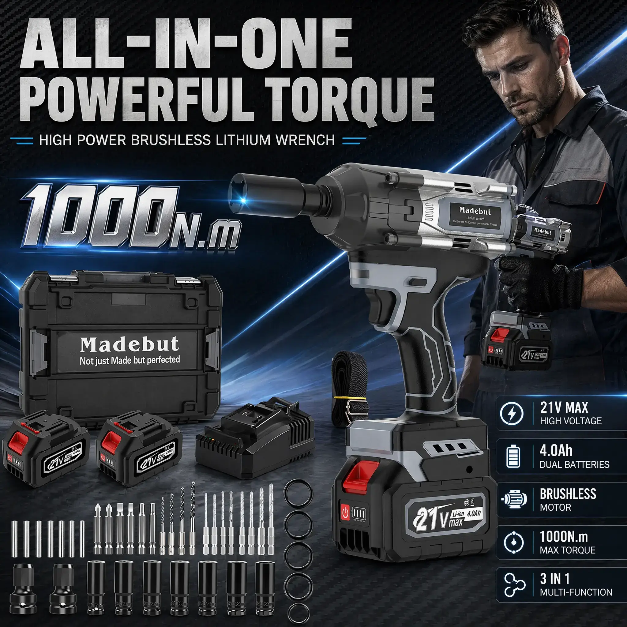 1000N.m Cordless Impact Wrench - High Torque Electric Gun