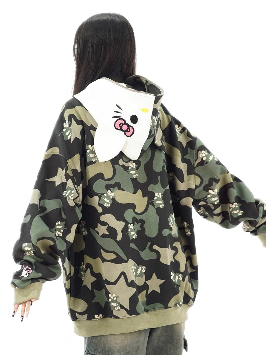 Hellokitty Camouflage Drawstring Zip Up Oversized Hoodies Jacket