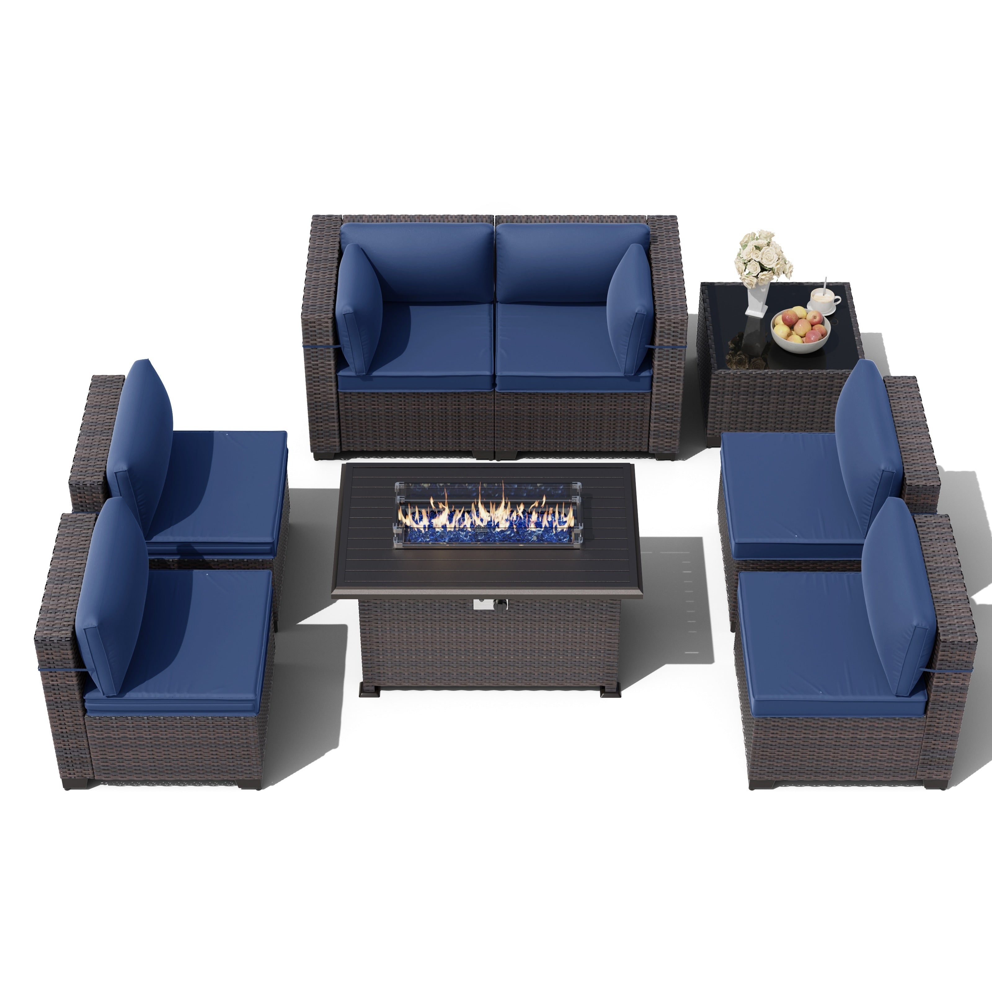 Outdoor Rattan Sectional Sofa Set, Patio Furniture Conversation Set with Fire Pit Table