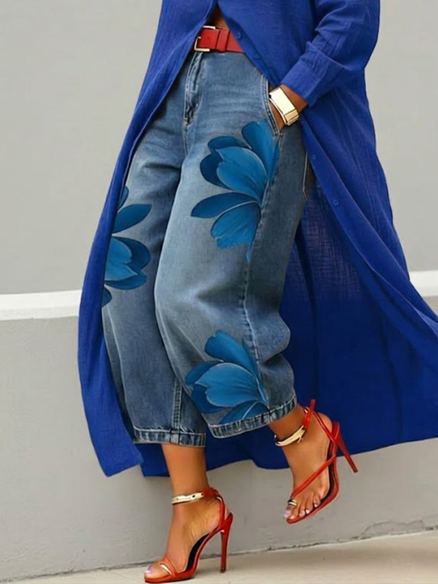 👖Women's Artistic Red Blossom Wide Leg Jeans