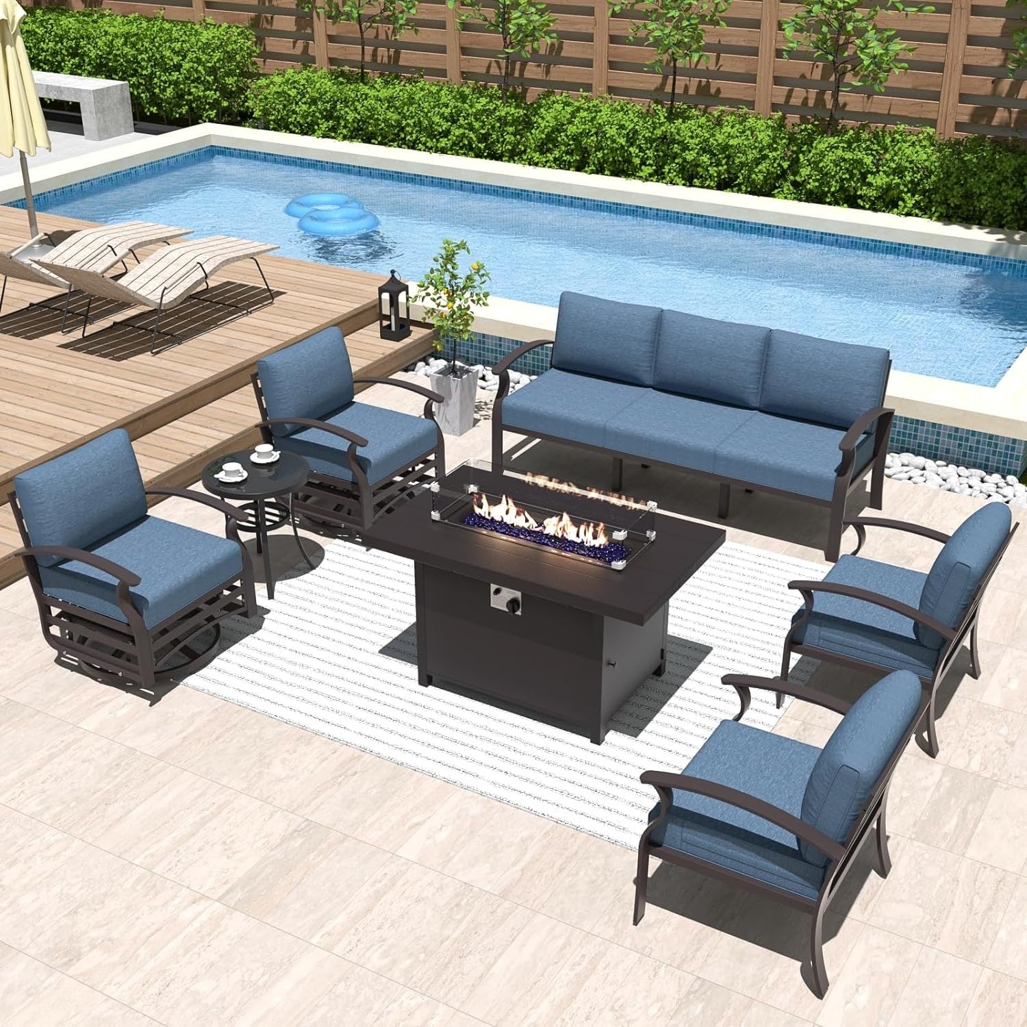 Kullavik Aluminum Outdoor Patio Furniture with Curved Armrests & Firepit Table
