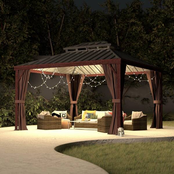 12-ft x 10-ft Wood Grain Appearance Hardtop Brown Gazebo with Hardtop Roof (Screen Included)