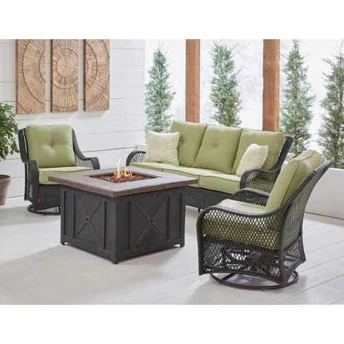 Orleans 4-Piece Woven Fire Pit Lounge Set in Avocado Green with Sofa, 2 Swivel Gliders and Durastone Fire Pit, Autumn Berry