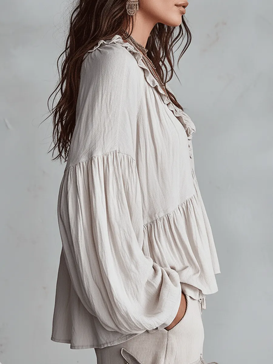Ruffle Trim V-Neck Peasant Blouse