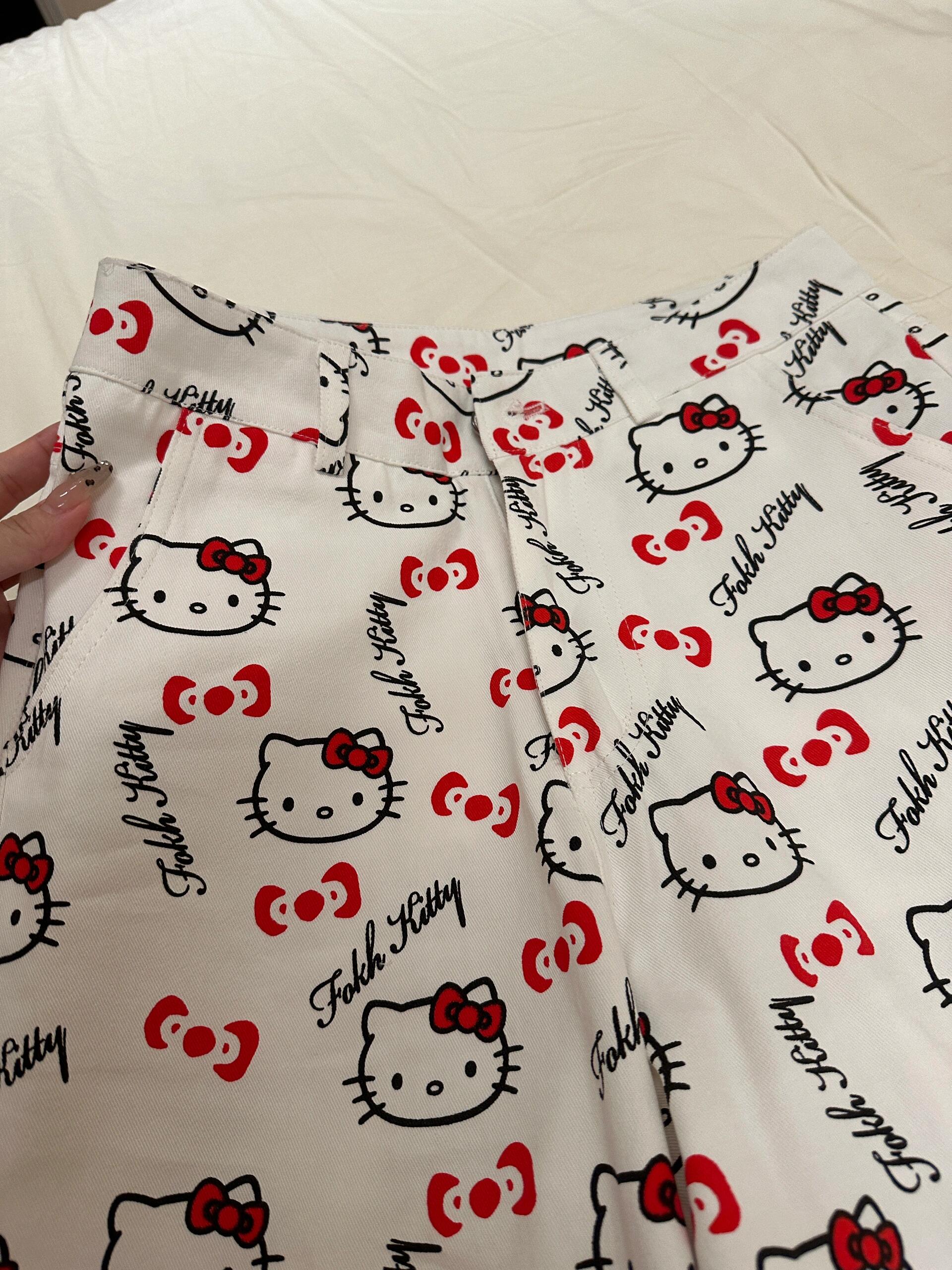 Hellokitty WHite Pocket Embroidery Wide Leg Jeans High Waist Baggy Jeans for Women Loose Boyfriends Jeans Denim Pants