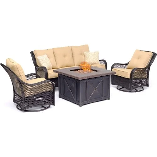 Orleans 4-Piece Woven Fire Pit Lounge Set in Avocado Green with Sofa, 2 Swivel Gliders and Durastone Fire Pit, Autumn Berry