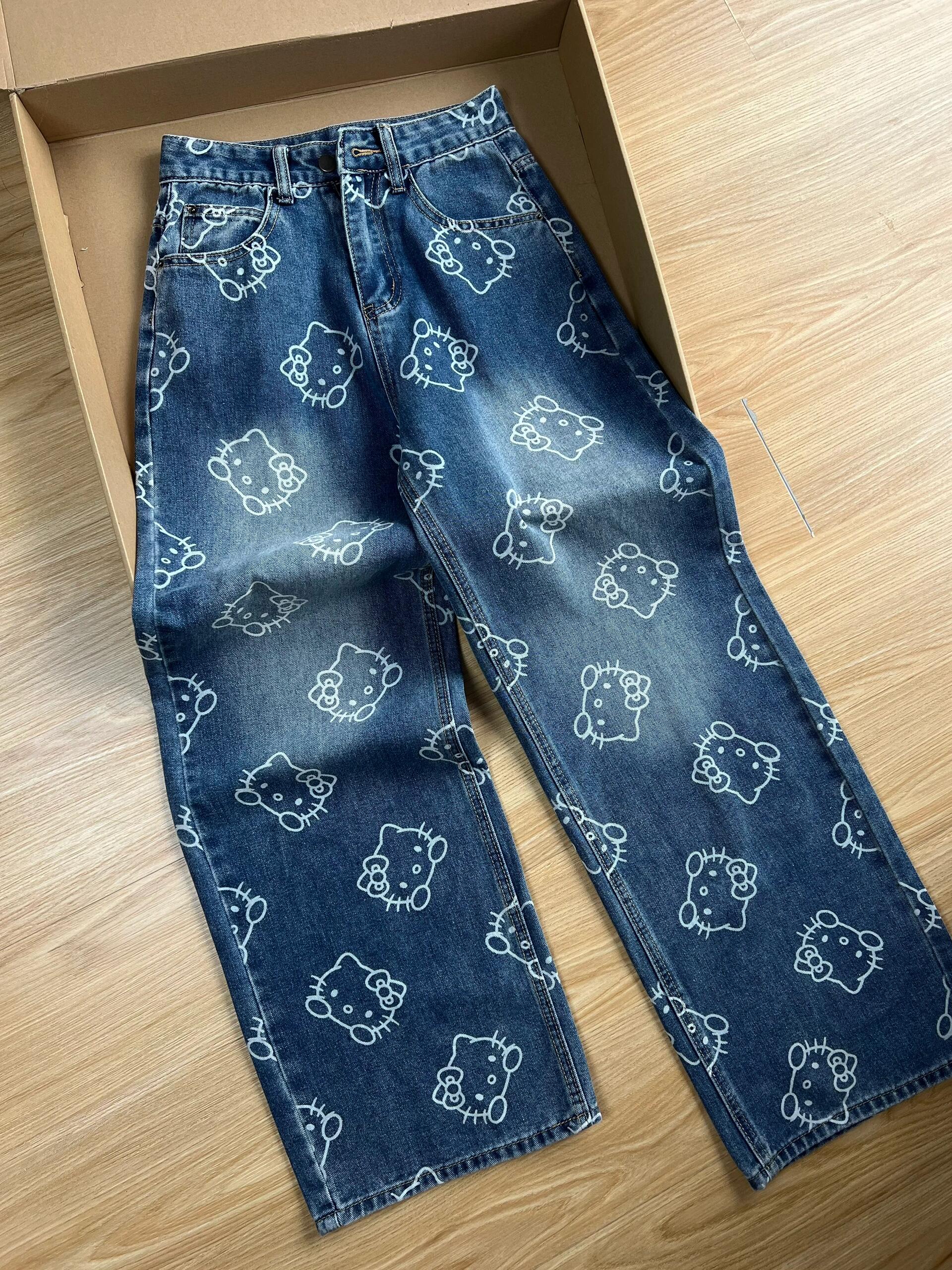 Hellokitty Embroidery Wide Leg Jeans High Waist Baggy Jeans Denim Pants