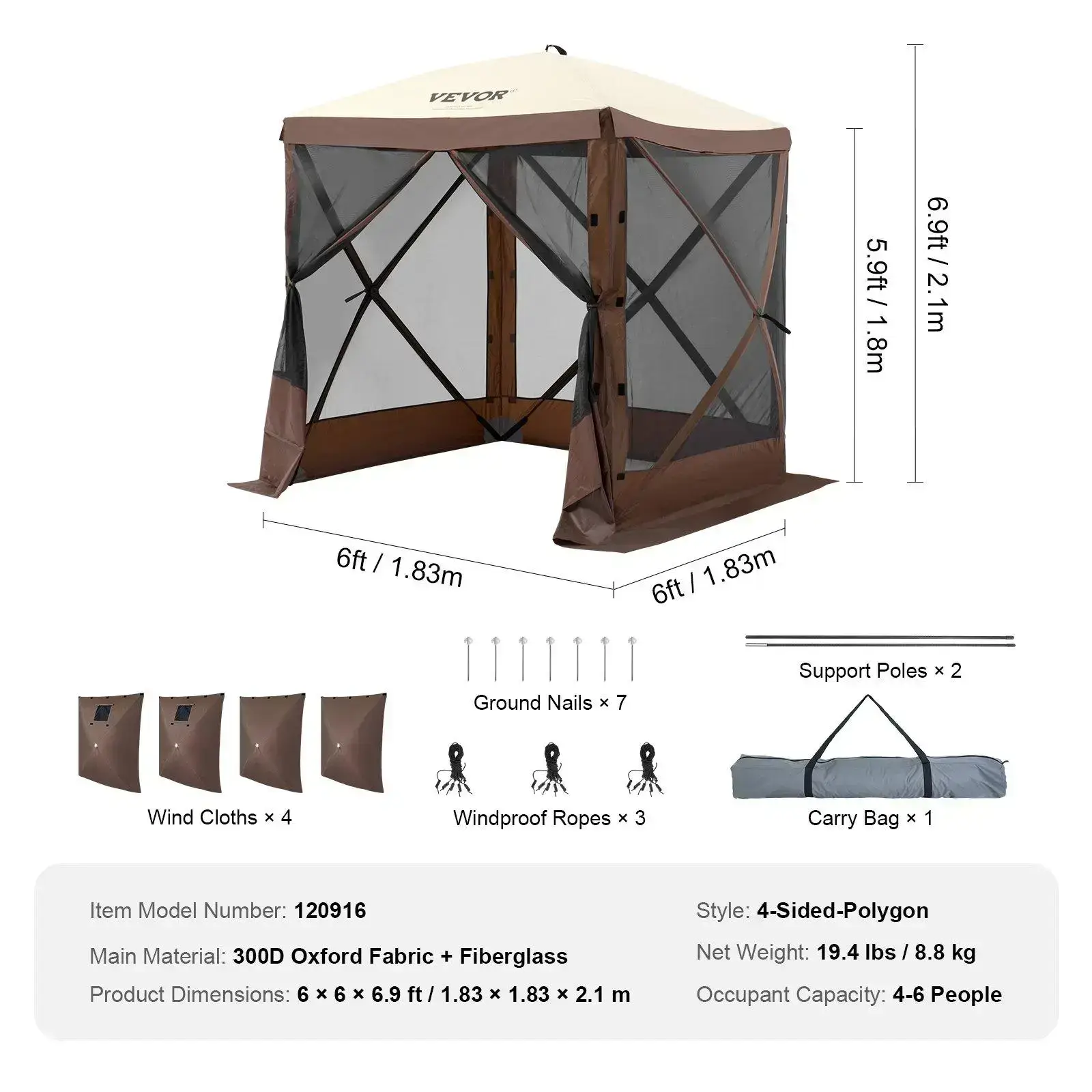 Camping Gazebo Screen Tent, 12*12ft, 6 Sided Pop-up Canopy Shelter Tent with Mesh Windows, Portable Carry Bag, Stakes, Large Shade Tents for Outdoor Camping, Lawn and Backyard, Brown/Beige