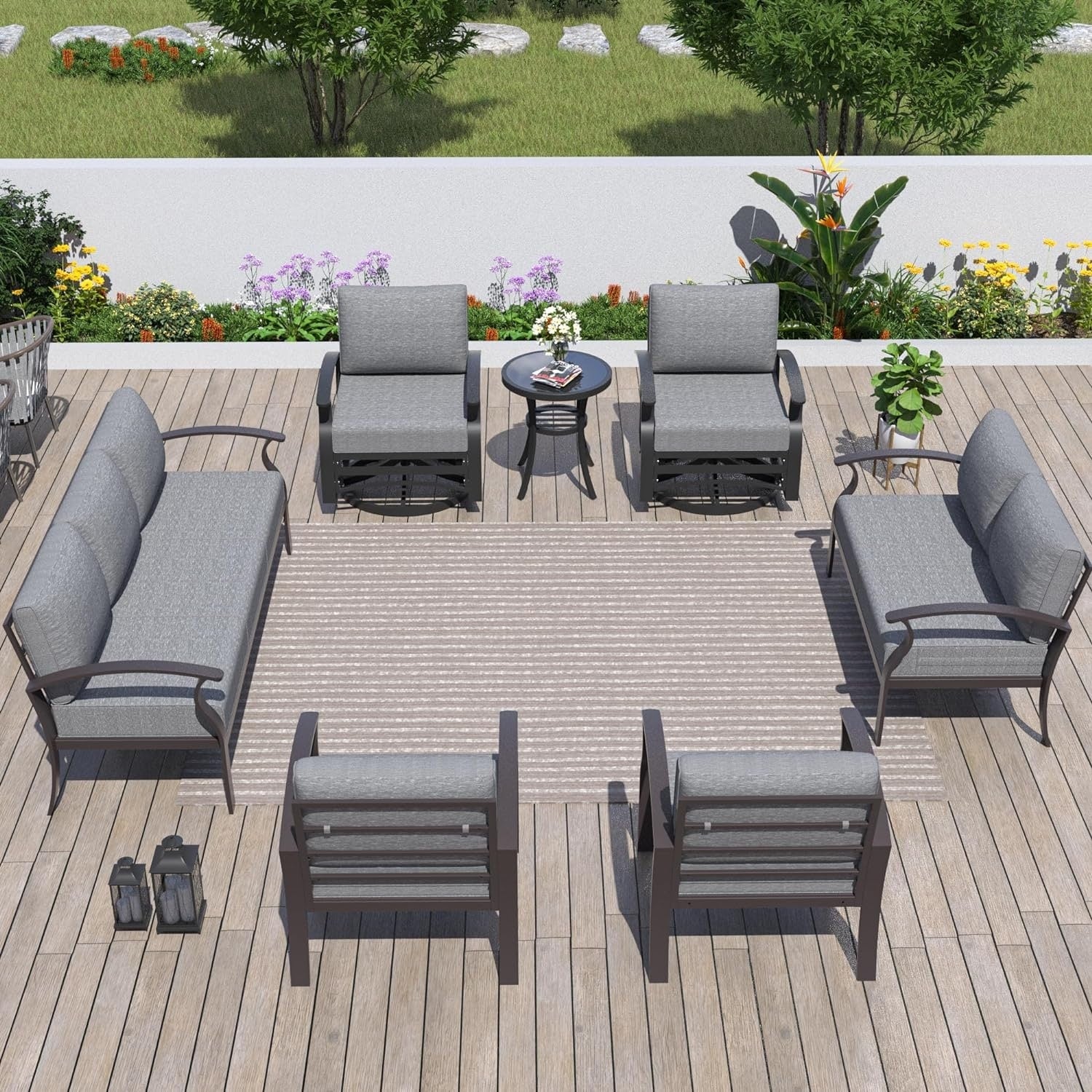 Kullavik Aluminum Outdoor Patio Furniture with Curved Armrests & Firepit Table