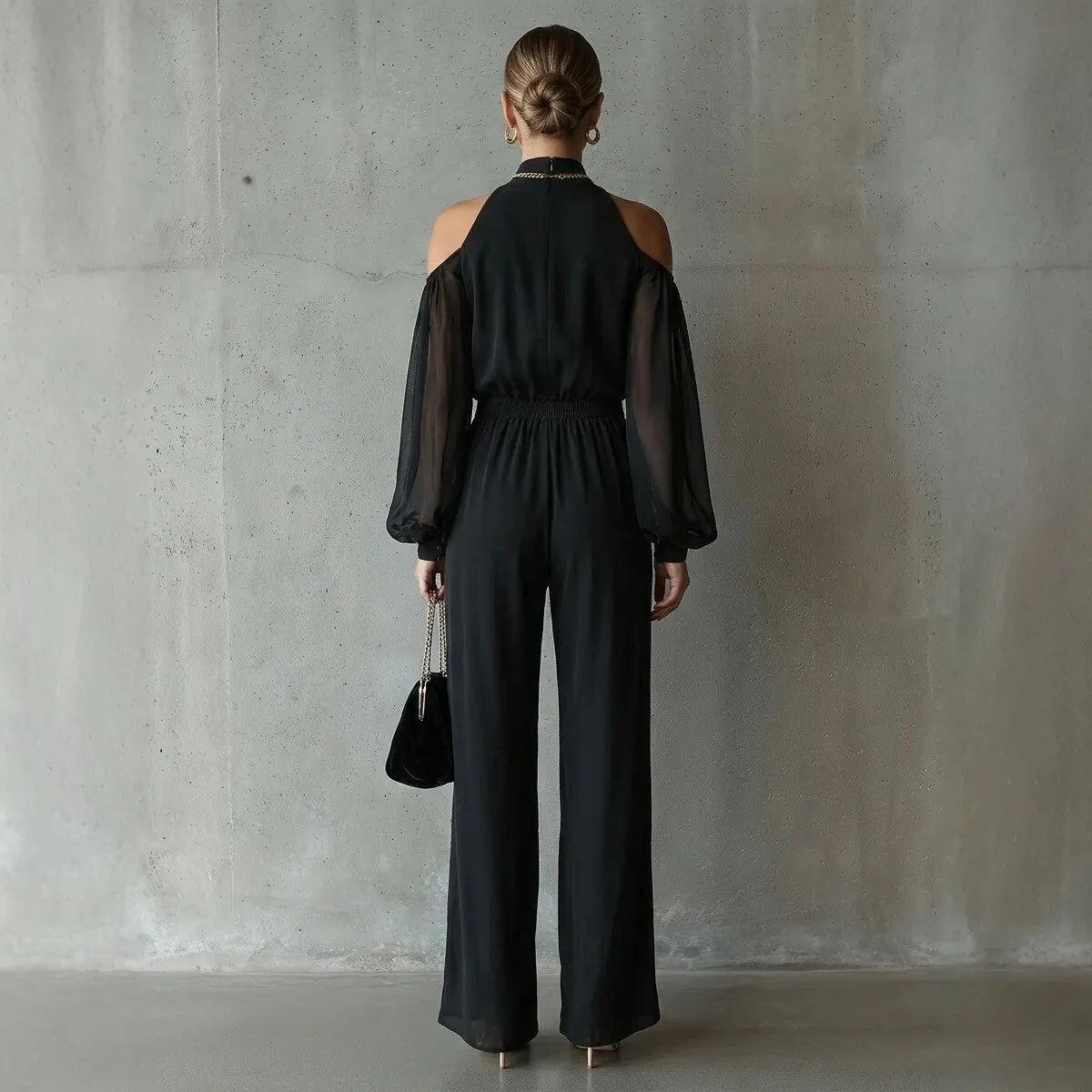 Black Embroidered Women'S Long-Sleeved Jumpsuit