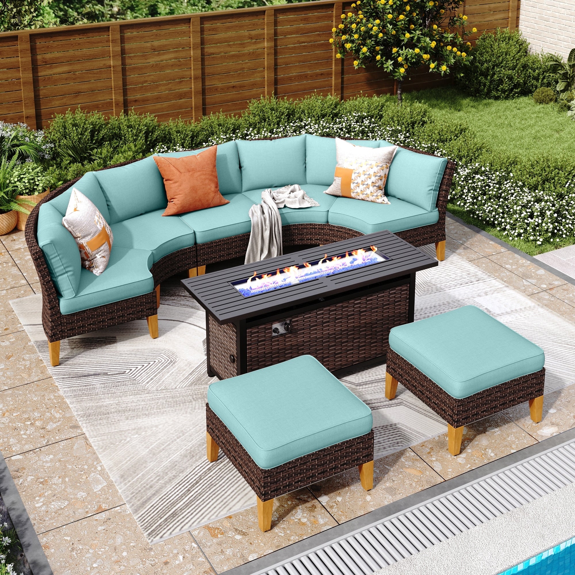 6-11 Piece Patio Outdoor Wicker Sectional Sofa Half-Moon Furniture Set Large Seating Conversation Sets with Fire Pit Table