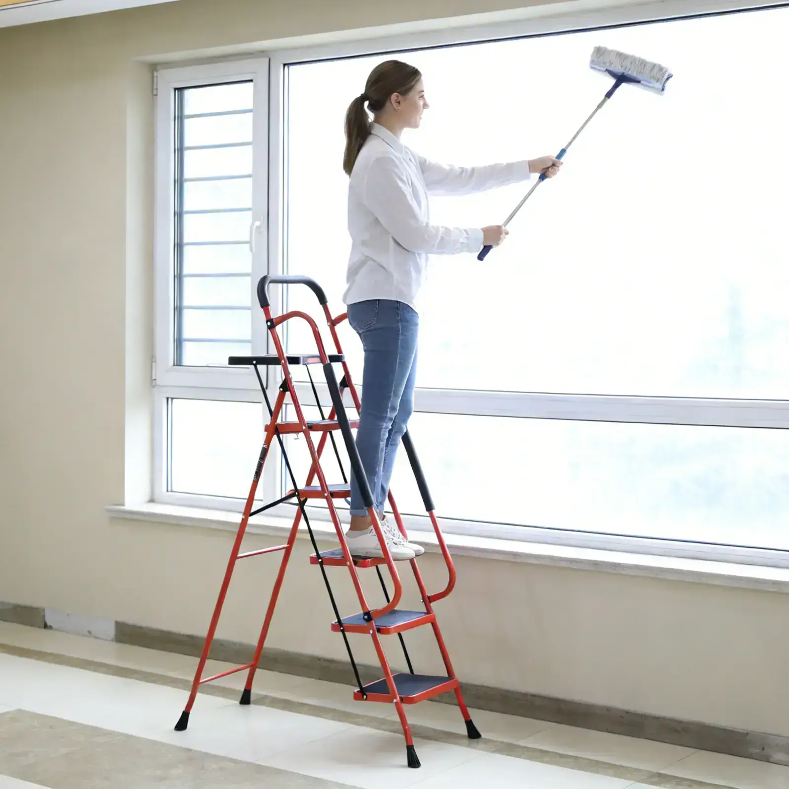 Sturdy Portable 5-Step Ladder, 800 LBS Capacity, Foldable with Handrail & Tool Tray, Ideal for Kitchen & DIY Projects, Sturdy Portable Ladder