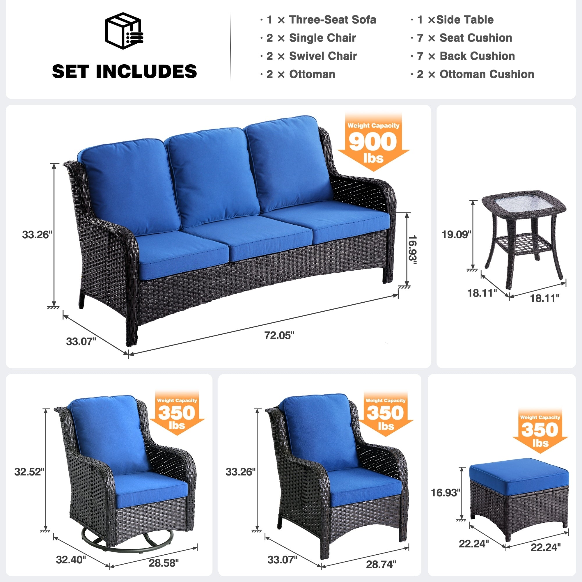 OVIOS 8-piece Patio Wicker Furniture Swivel Chair Set