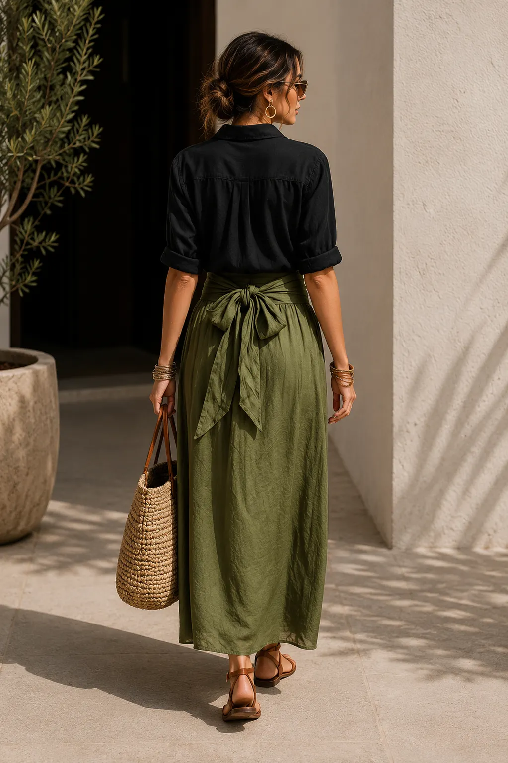 Casual Button-Up Shirt & Tie Waist Maxi Skirt Set