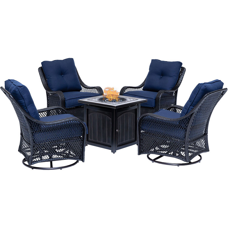 Orleans 5-Piece Fire Pit Chat Set with 4 Woven Swivel Gliders and 26 Inch Square Fire Pit Table, Autumn Berry