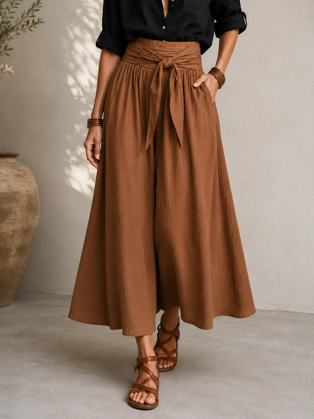 Casual Button-Up Shirt & Tie Waist Maxi Skirt Set