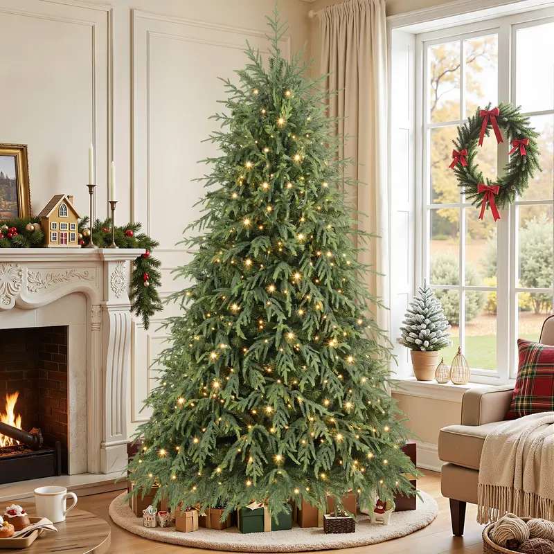 Pre-Lit Norfolk Pine Christmas Tree, 5/6/7.5/8FT Artificial Christmas Tree with Warm White & Multicolor LED Lights, Remote Control, Hinged PE & PVC Branches, Holiday Home Decor