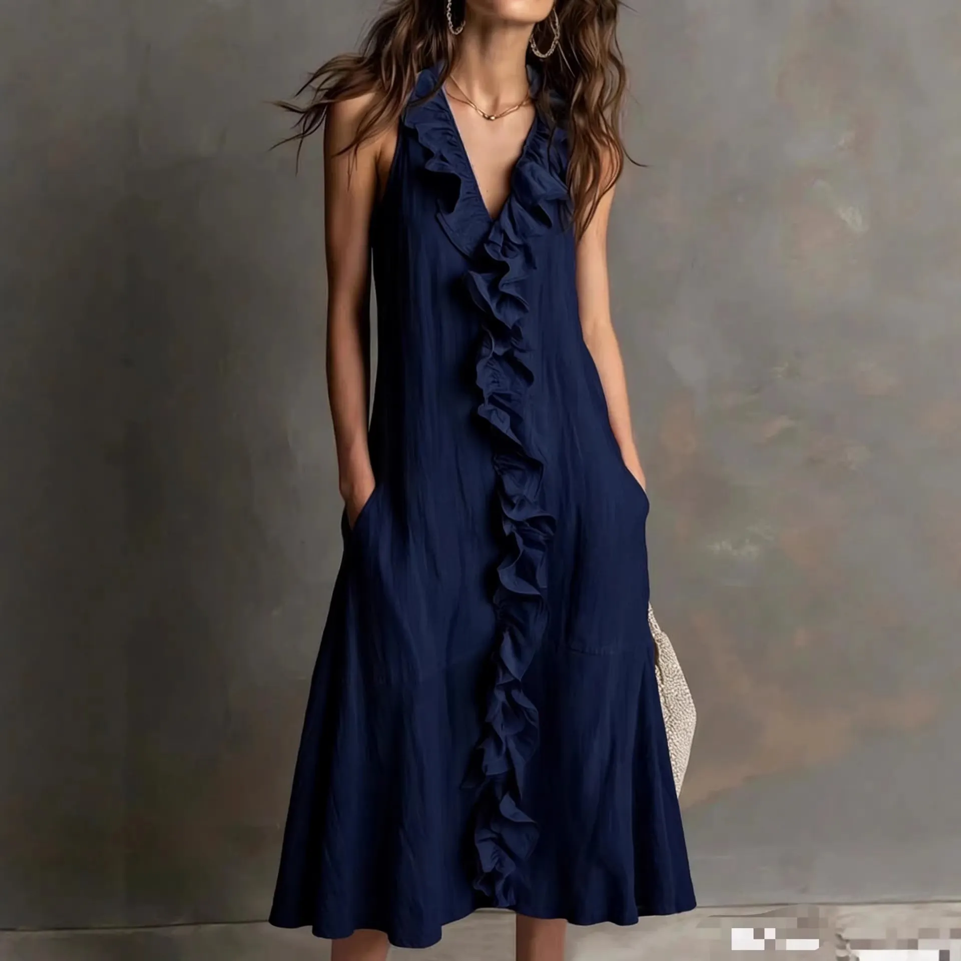 🌿 Ruffle V-Neck Sleeveless Midi Dress