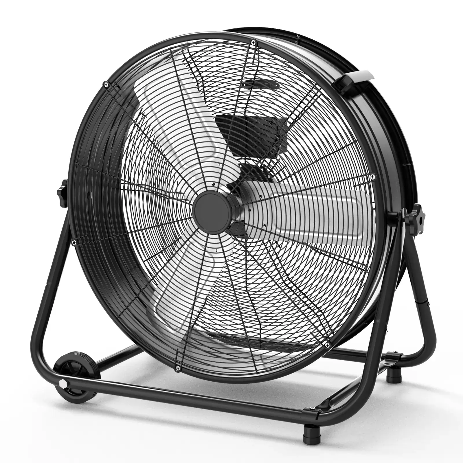 24 Inch High Speed Industrial Drum Floor Fan, heavy-duty full metal construction with 3 speeds and 360° tilt design. Built with portable handle and rolling casters for easy movement, powerful air circulation fan perfect for warehouse, garage