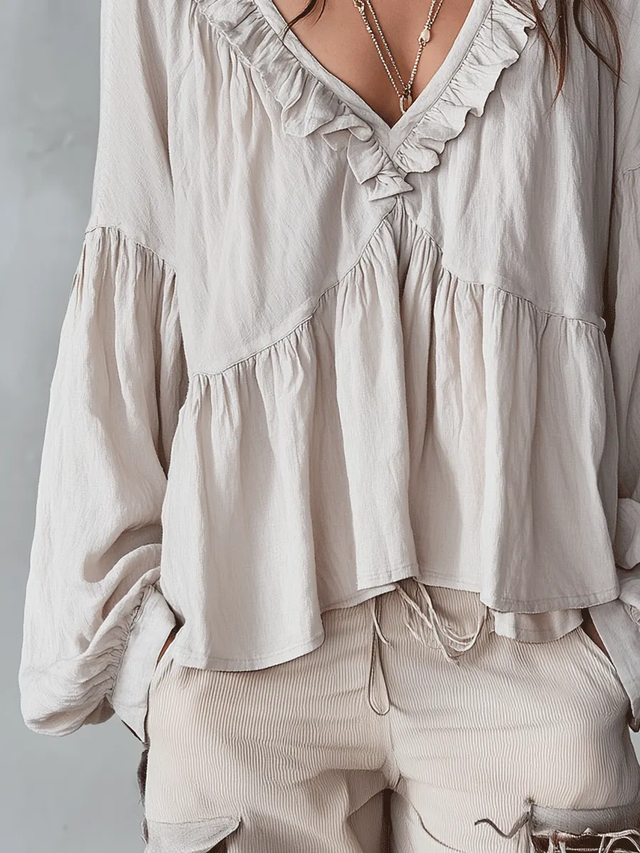 Ruffle Trim V-Neck Peasant Blouse