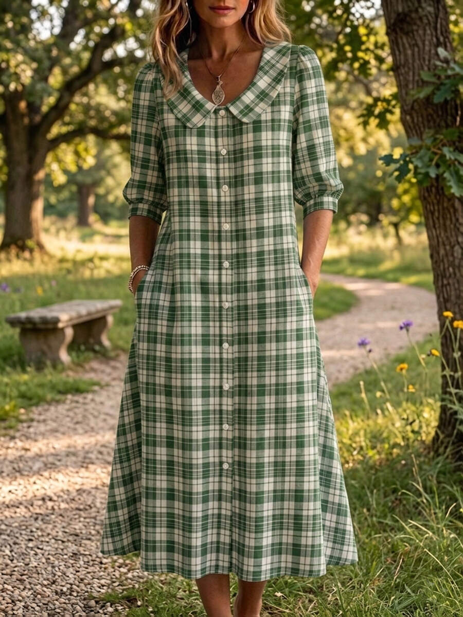 Clearance Sale🔥 Women's Retro Peter Pan Collar Stripe Print Cotton Linen Dress