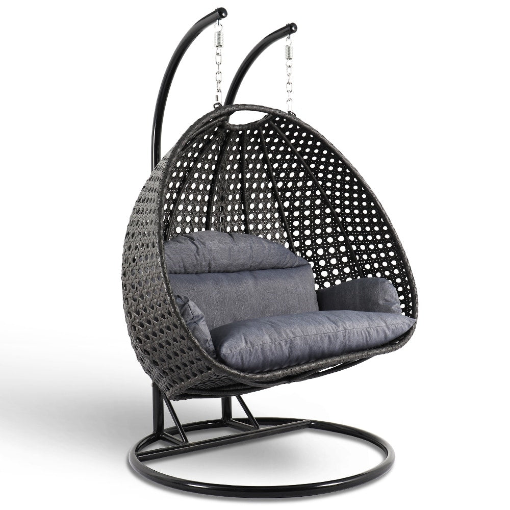 LeisureMod 2 Person Hanging Egg Chair with Stand - Outdoor/Indoor Rattan Wicker Patio Swing Hammock Lounger with Cushions