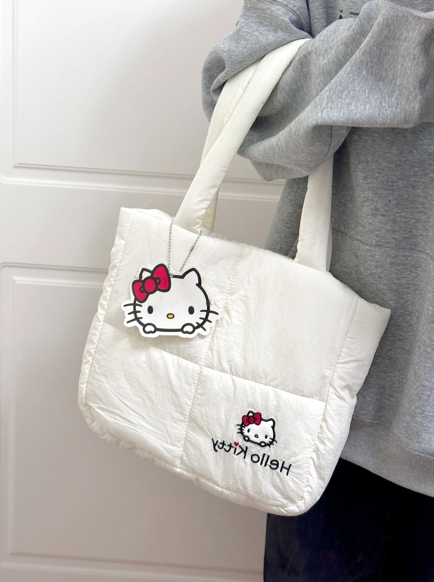 Hellokitty Puffer Tote Bag Cotton Padded Quilted Puffy Bags Tote Bag