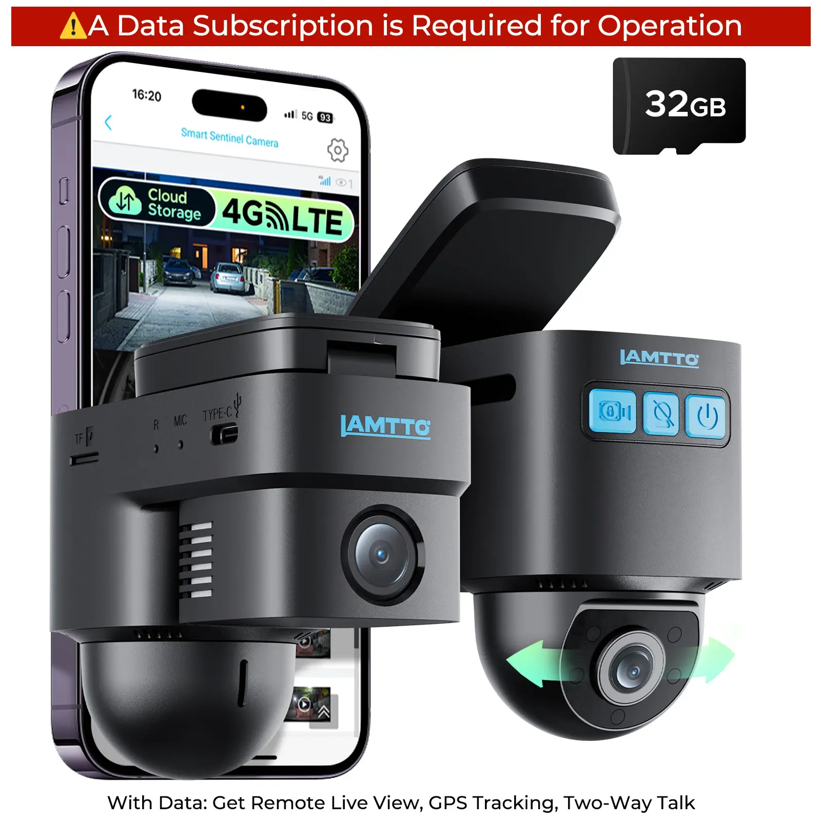 LAMTTO DC22 4G LTE OBD‑II Car Security Camera, 24/7 Live View GPS Tracking, Cloud Loop Recording with 7‑Day Free Trial