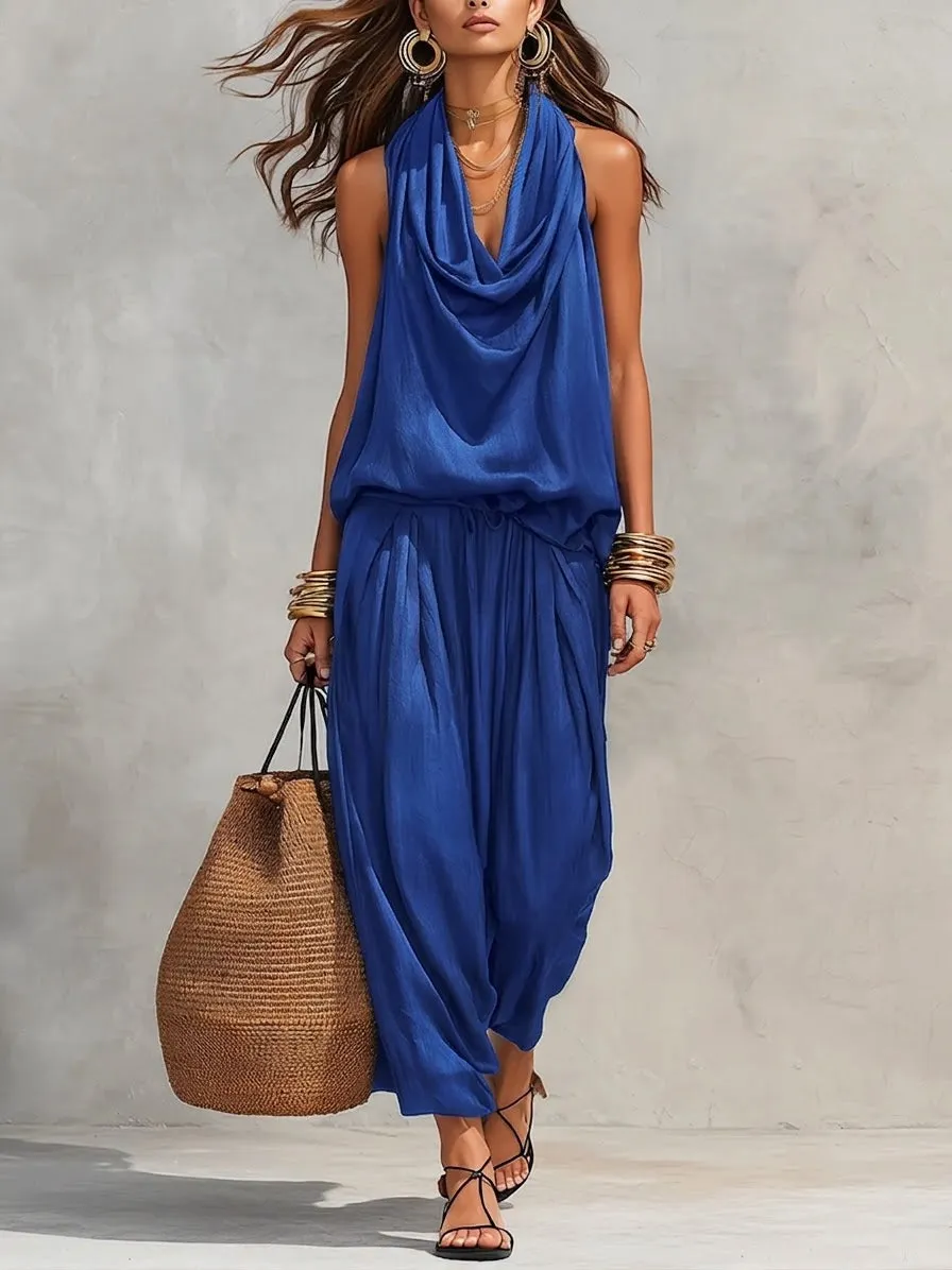 Cozy Elegant Draped Sleeveless Top And Pants Two-piece Set