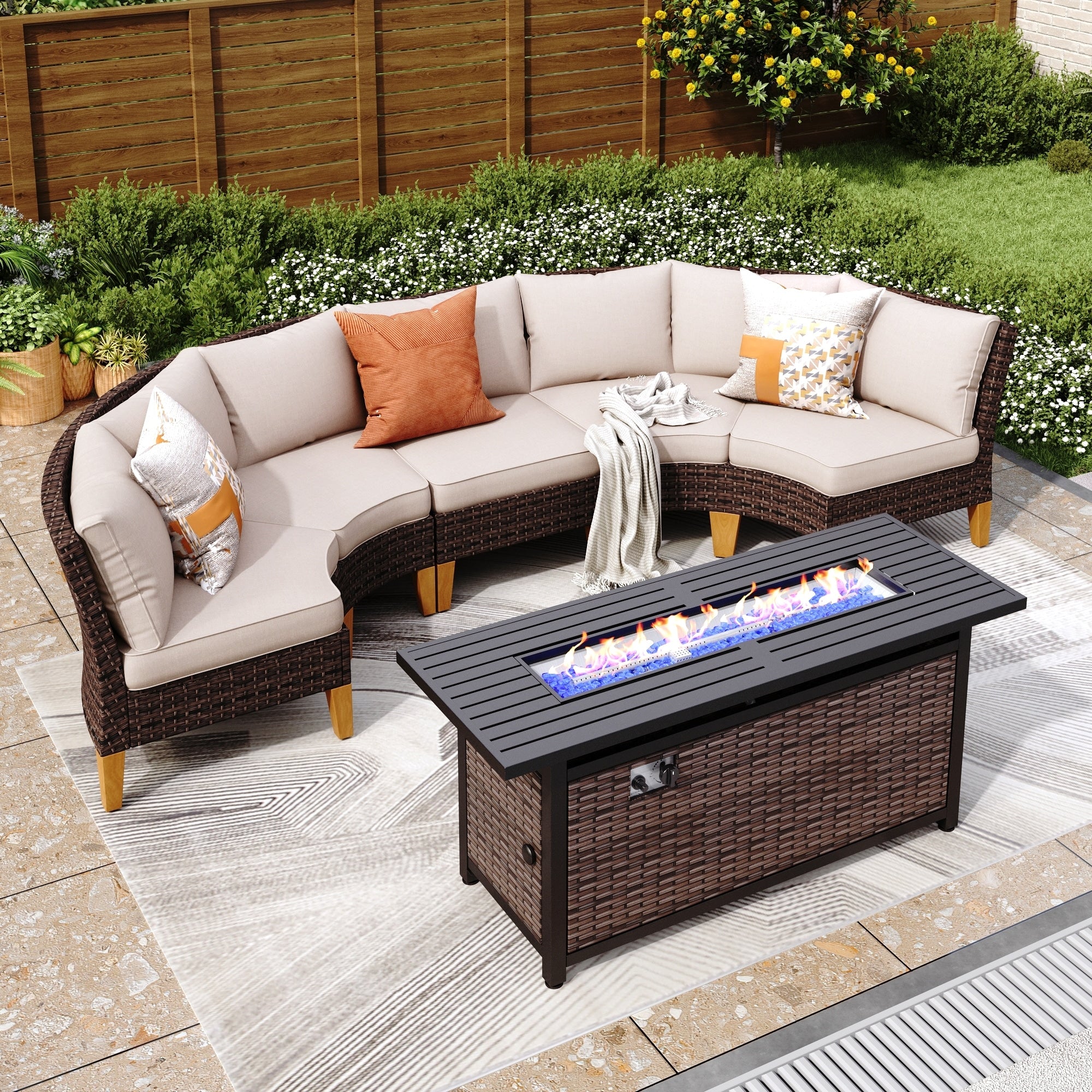6-11 Piece Patio Outdoor Wicker Sectional Sofa Half-Moon Furniture Set Large Seating Conversation Sets with Fire Pit Table